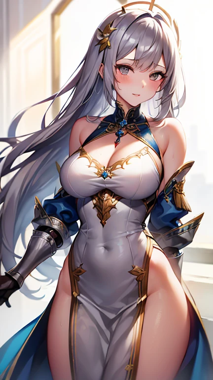 close up shot of a woman in a silver and blue dress, silver armor, large breasts, cleavage, exposed midriff, slender abs, chengwei pan on artstation, by Yang J, detailed fantasy art, stunning character art, smile