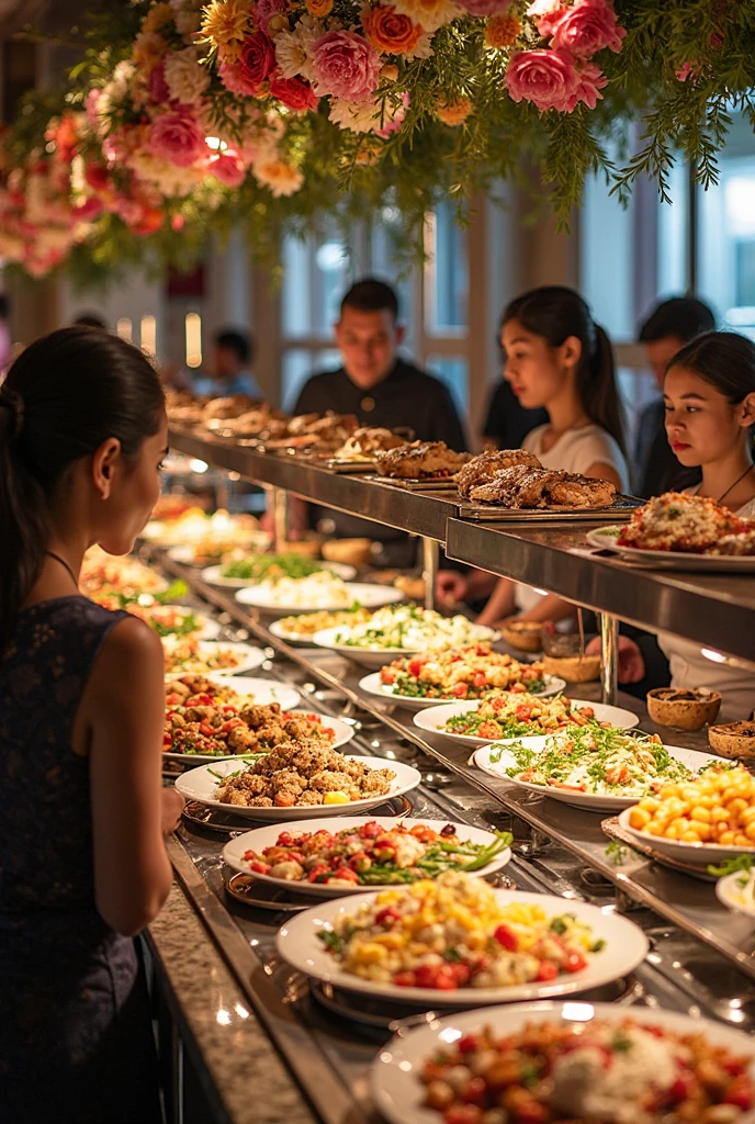 A super realistic image of a wedding buffet table featuring Asian-Napoletan fusion food. On the table, there are bao buns with meatballs in ragù and ravioli alla genovese. Include people with happy expressions and European appearances, including the bride and groom eating the ravioli. The image should be wide, shot with a 24mm lens from a distance. The table is set on a lawn at an elegant villa, in the evening, with string lights illuminating the scene.