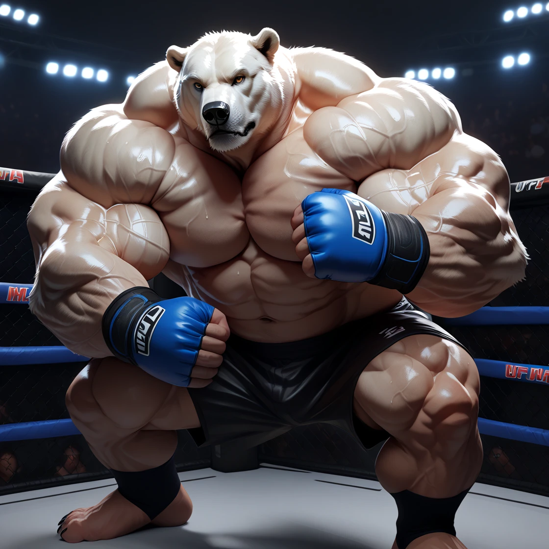 solo, 1boy, Huge Muscular White Polar Bear, huge white fur, pectoral, huge pectoral, wide pectoral, short white hair, ((really big muscle, massive muscular, sixpack, thick arms, huge fluffy white fur, wide pectoral, super huge muscle, hyper muscular, over sized muscle, huge arms, big arms, huge pectoral)), black kickboxing MMA fighting short pants, black toeless wootwear, fingerless kickboxing fighting gloves and shirtless and topless, white bearded, white Mustache, white fur, grey eyebrows, gym fitness center background, masterpiece, high detailed, 8k, high resolution, at the gym, flexes huge thorax, looking at the viewer, acting all hunk