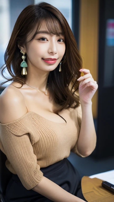 Beautiful mature woman with beautiful wavy long hair, Ultra-high resolution,(Realistic:1.4), ((Highest quality)), ((masterpiece)), (be familiar with),Highest quality, masterpiece, Ultra-high resolution,(Realistic:1.4), (RAW Photos:1.2), (Sit on a chair:1.2), (Detailed ass:1.1), At a restaurant,half_smile, Detailed eyes, (View your viewers:1.2), (Grey casual clothes), (Casual pants:1.2), (Beautiful Face:1.2), (French Twist:1.2), tits, Deep Shadow, Dark Theme, Heart tattoo on neck, Earrings, Cute Necklace