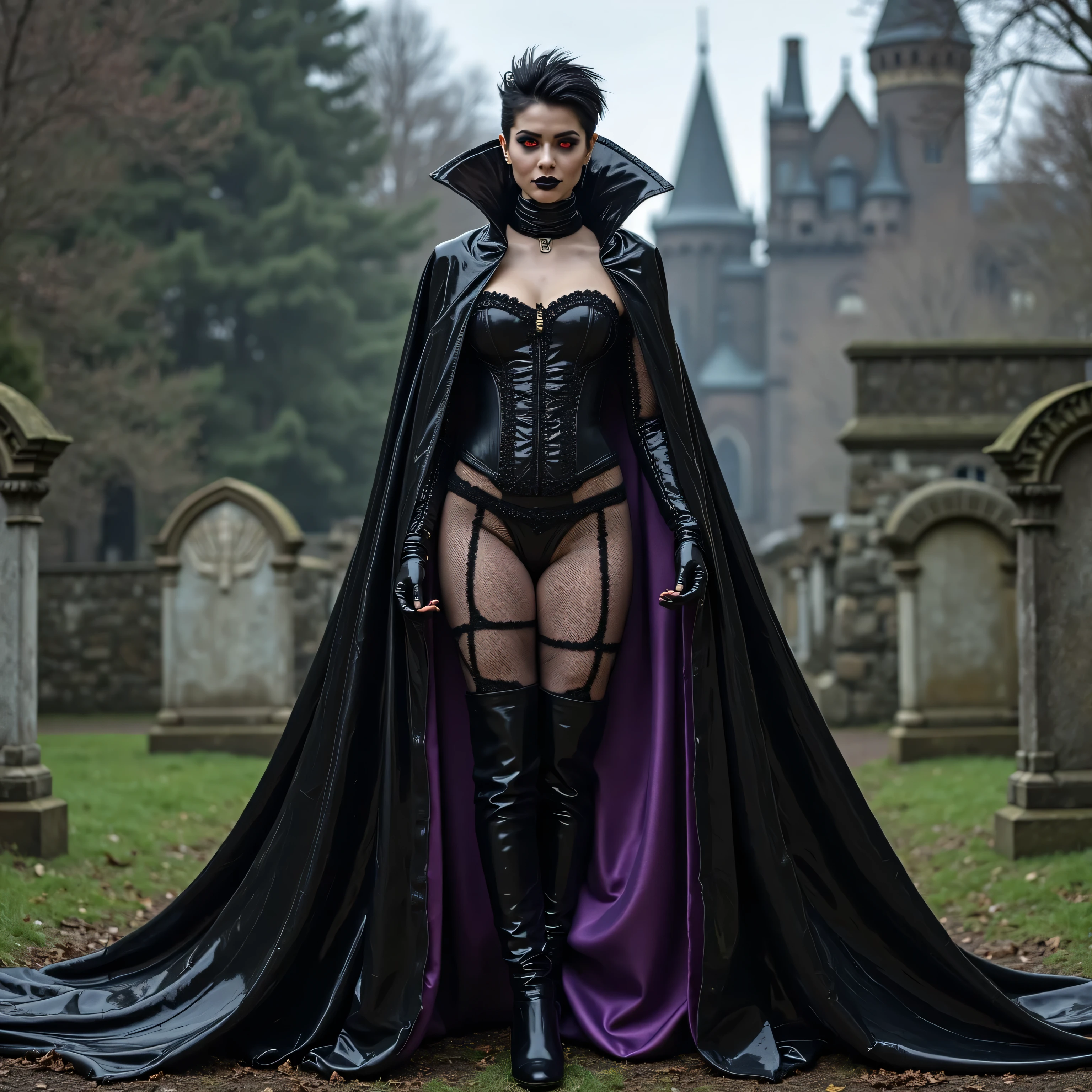 in frame, full body, a beautiful woman at Mont Saint-Michel cathedral at night, dark shadows, (incredibly sexy:1.3), pale skin, thin face, luscious long black hair, heavy makeup, dark eyes, dark eyeliner, dark makeup, skin blemishes, (large soft breasts:1.4), (thin tight body:1.4), thin hips, (tight defined butt:1.3), thin stomach, thick strong legs, wearing gothic lingerie and a long black velvet cape and knee high boots, black choker, wicked smile, looking at camera, seductive, moonlight, masterpiece, photorealistic, detailed, 8k, HDR, shallow depth of field, midnight, dark shadows, creepy atmospheric, rain, high contrast, backlighting, bloom, light sparkles, chromatic aberration, sharp focus, RAW color photo
