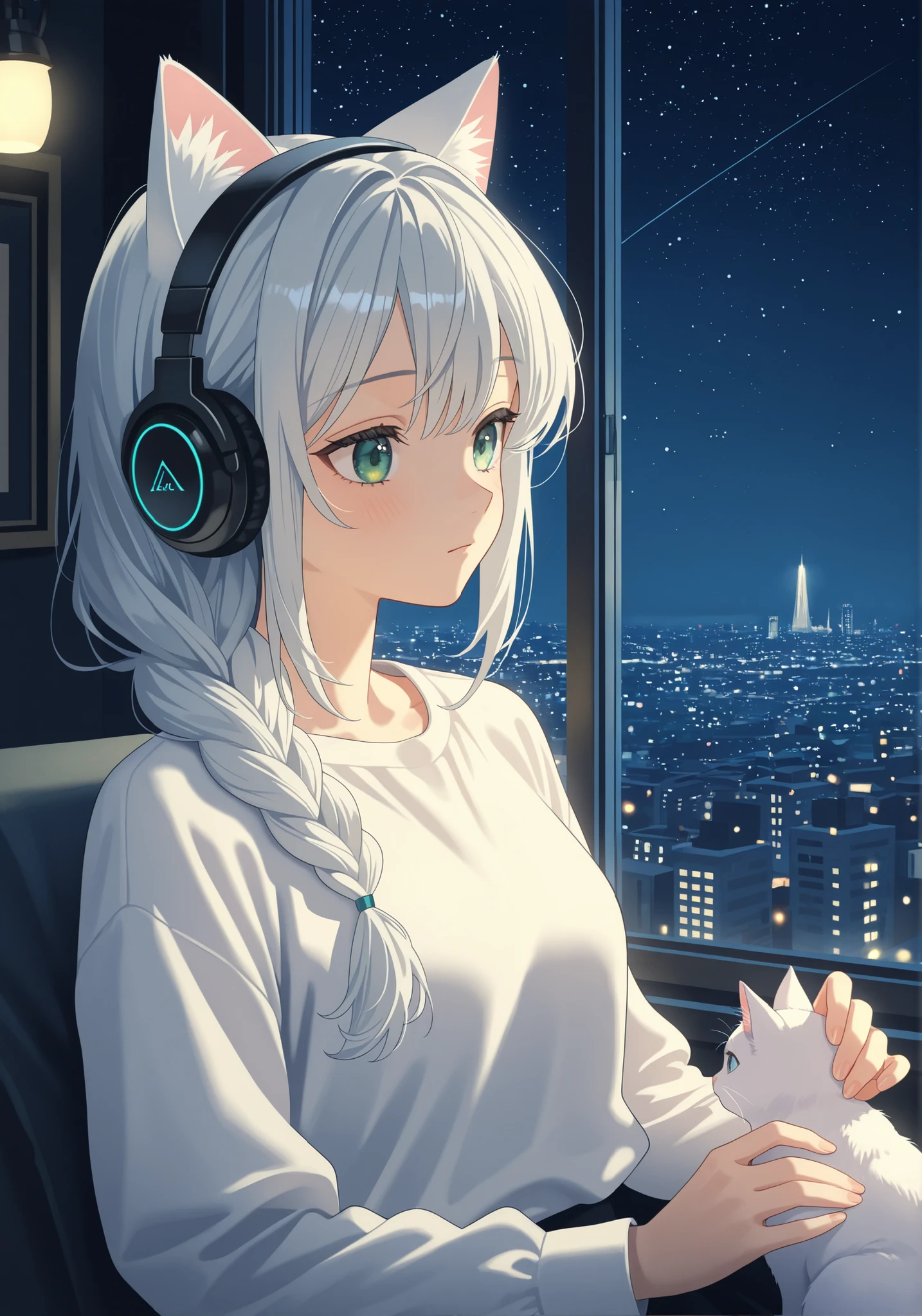 (masterpiece: 1.2), (highest quality: 1.2), (ultra detailed: 1.2), (girl living alone, short white hair, listening to music with headphones, sitting at desk), (coffee, neon lights, late night, beautiful starry sky outside the window, large room), (lo-fi art style)