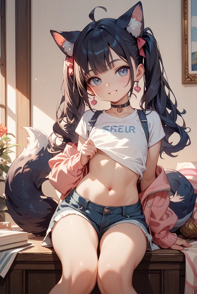 (young :1.6),cat girl,dark blue eyes,flat chest,black long hair,pink fur,wet white shirt,denim shorts,glasses,round collar,water fall,see through,white sunlight,wet hair,looking at viewer,full face blush,sex suggestive face,smile,heart eyes,squinting eyes,selfie