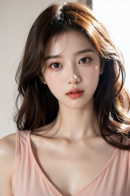 20 year old woman,korean beauty,kpop idol,big_chest,Perfect ,pure_split,calm tone,muted colors,high contrast,natural skin texture,surrealism,soft light,sharp,simple background,light brown hair,sexy costumes,hands holding each chest,undercut