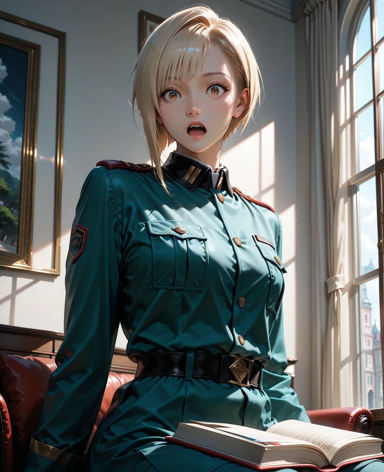 masterpiece, 4k, highresolution, highquality, blonde hair, green eyes