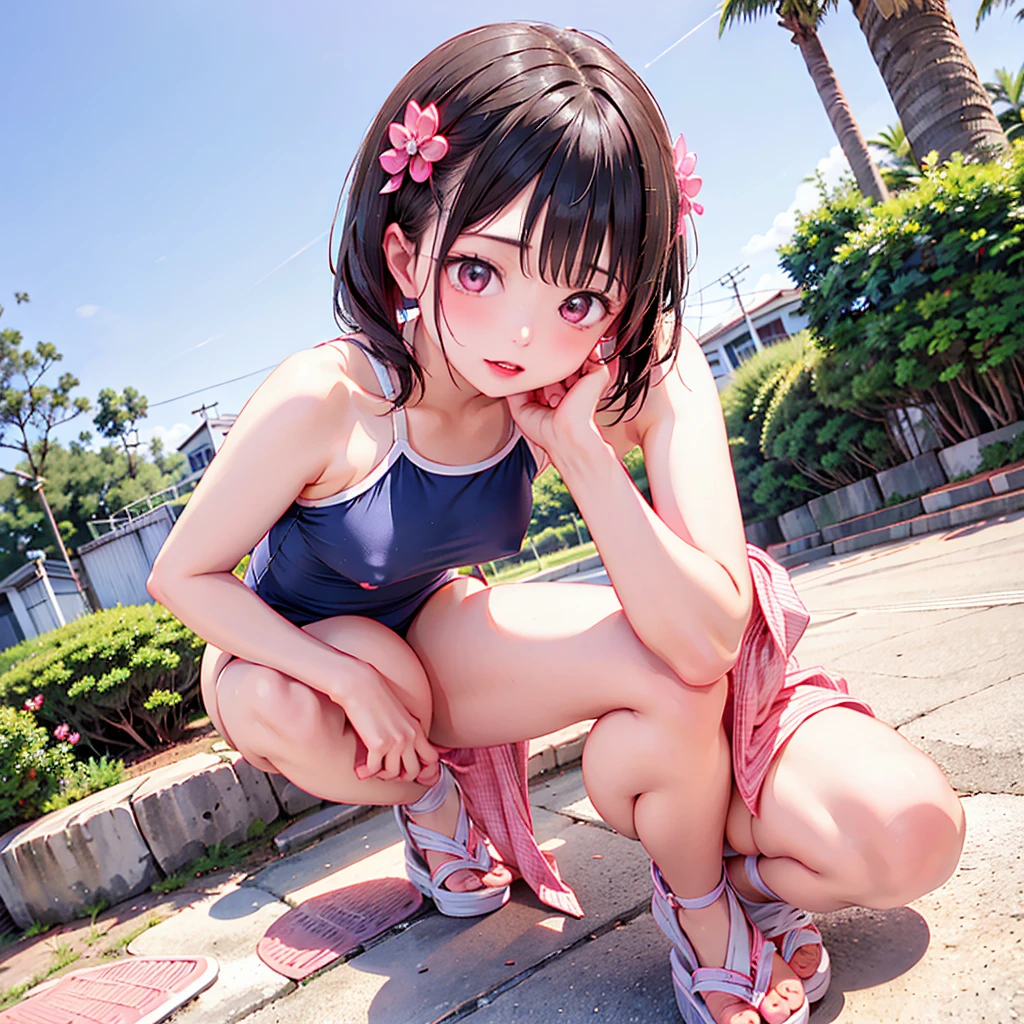 sitting by the pool、Dipping feet in the pool、Inserting a vibrator into your、blush、The vibrator overflows with pussy juice、The vibration of the vibrator makes her pussy juice drip、Vibrator Masturbation、Horny girl、、Her pussy juice is dripping down to the ground、Stringy pussy juice、A young girl with a baby face、Lingerie in skimpy、Lace Stockings((A vibrator is placed in her underwear and manipulated, causing her pussy juice to overflow and make her faint in agony.))(Angle from below)