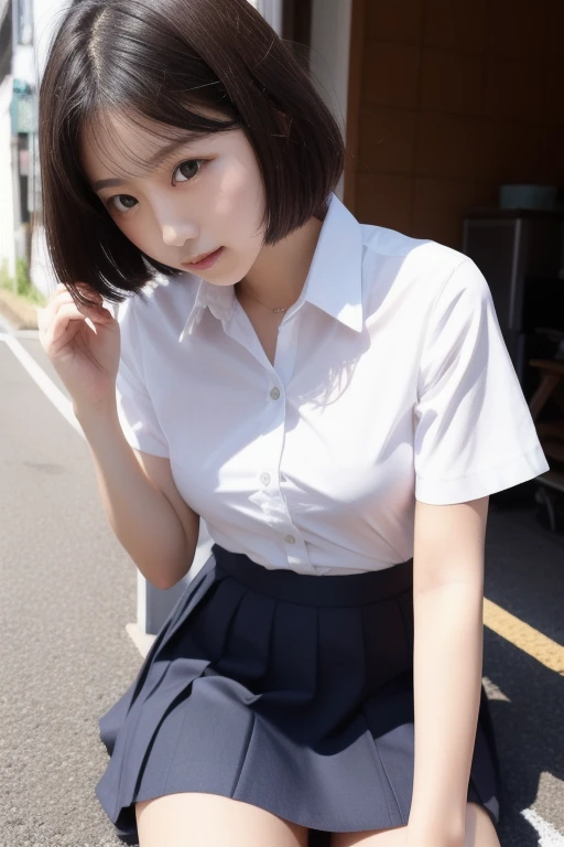 (Junior high school girls walking on the streets of Tokyo:1.2、blue sky)、((school uniform、White blouse、Pleated skirt、Navy blue socks、loafers)、(Sports Bags、The strap of the bag passes between the chest、paisla:1.5)、the wind is strong、(Realistic、Like a photograph、Live Action、8k, Realistic, RAW Photos, Best image quality: 1.4), Single-lens reflex camera、RAW Photos, Highest quality, Realistic, Highly detailed CG Unity 8k wallpaper, Written boundary depth, Cinematic Light, Lens flare, Ray Tracing, Realistic background、((Ultra-Dense Skin))、 A 14-year-old girl on her way to school,cute Japanese、(whole body:1.5)、Very detailedな顔,avert your eyes:1.1、(short hair:1.2、Shortcuty hair is blowing in the wind:1.4)、I like that style、stylish、Very detailed、Pay attention to the details、Perfect outfit、(Sunburned skin)、View from above、Accurate hands、Accurate legs、Detailed hands and fingers、Anatomically correct body、Thin legs、Thin thighs、Small breasts