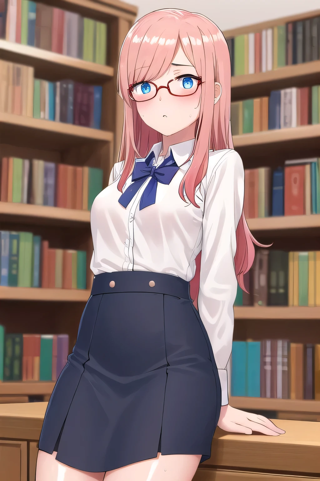 1girl, pink hair, beret, blue shirt, book, book over mouth, covering mouth, shy, timid, wavu hair, long hair, shirt, skirt, pleated skirt, miniskirt, pantyhose, huge breasts, thick thighs, black pantyhose, green eyes, red glasses, glasses, mature female,