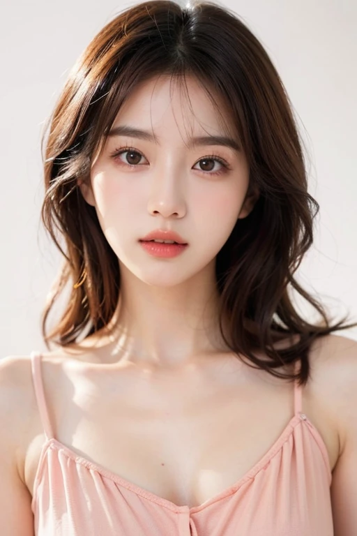 silk dress、Angle of view for bust up、beautiful shoulders、zoom out、soft curl hairstyle、high resolution、thin waist、high tone hair color、korean idol、realistic eyes、beautiful eyelashes、High resolutionの顔、pink background、20 years old、pink dress stay piece, best quality, illustration, Super detailed, fine details, High resolution, 8K Dende Wallpaper, beautiful detailed eyes, random cute hairstyles, C cup breasts, Natural color lip,Showing off pussy,Vaginal examination