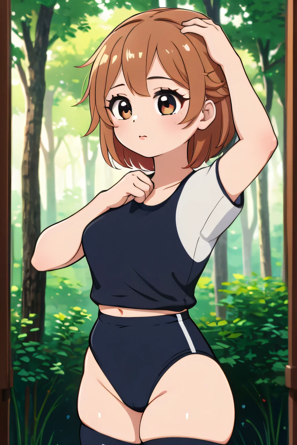 (masterpiece, highest quality), 1 girl, beautiful face, beautiful body,  wearing a Black gymnastics bloomers, High leg、white blouse,    cowboy shot、Are standing、full body portrait、alone, complex details, enlarged textures, complex details, finely detailed eyes and detailed face, intricate details, (closed mouth), perfect eyes, equal eyes, perfect body, extremely detailed, (), extremely realistic 3d,In a dark forest,
