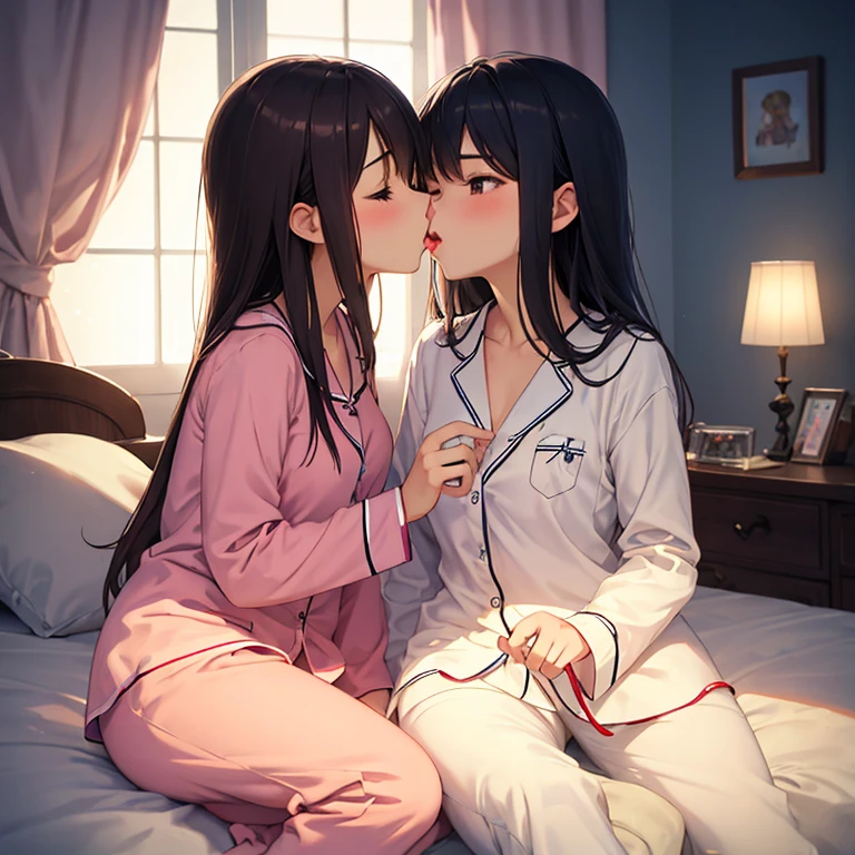 2girls, Kiss, Two girls, one tall woman and one short girl, hiquality, tight pyjama