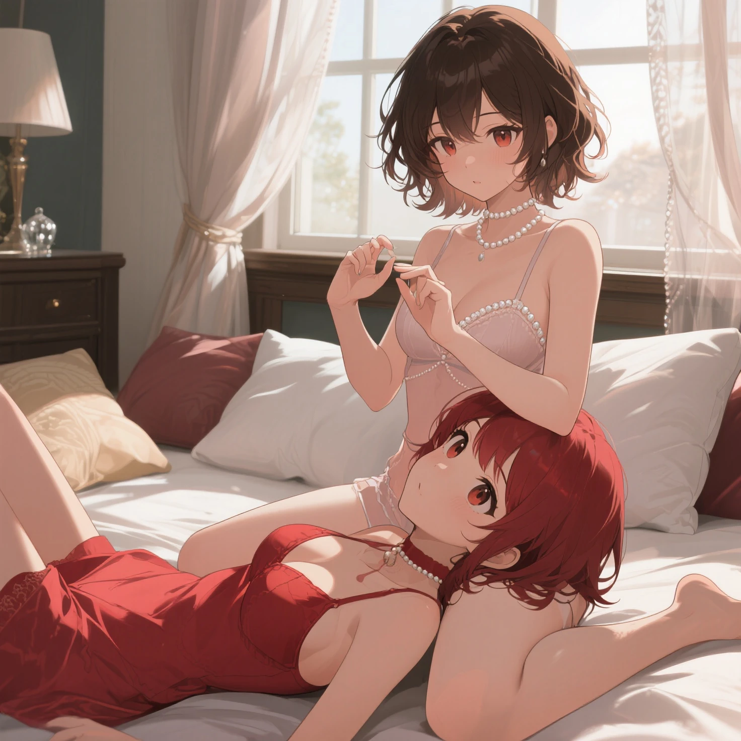 anime girl, with low neckline, brown hair and red eyes in lingerie