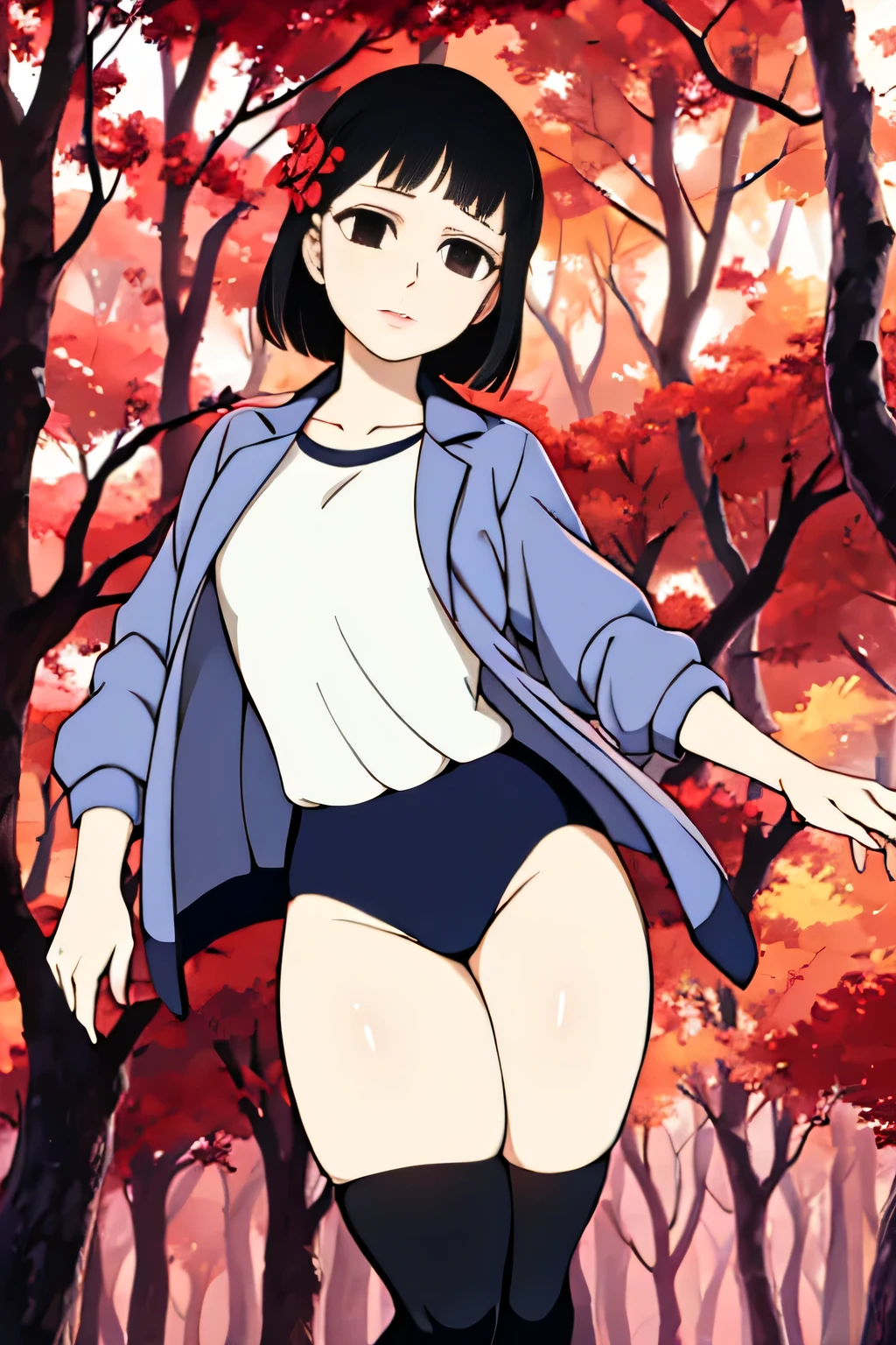 (masterpiece, highest quality), 1 girl, beautiful face, beautiful body,  wearing a Black gymnastics bloomers, High leg、white blouse,    cowboy shot、Are standing、full body portrait、alone, complex details, enlarged textures, complex details, finely detailed eyes and detailed face, intricate details, (closed mouth), perfect eyes, equal eyes, perfect body, extremely detailed, (), extremely realistic 3d,In a dark forest,