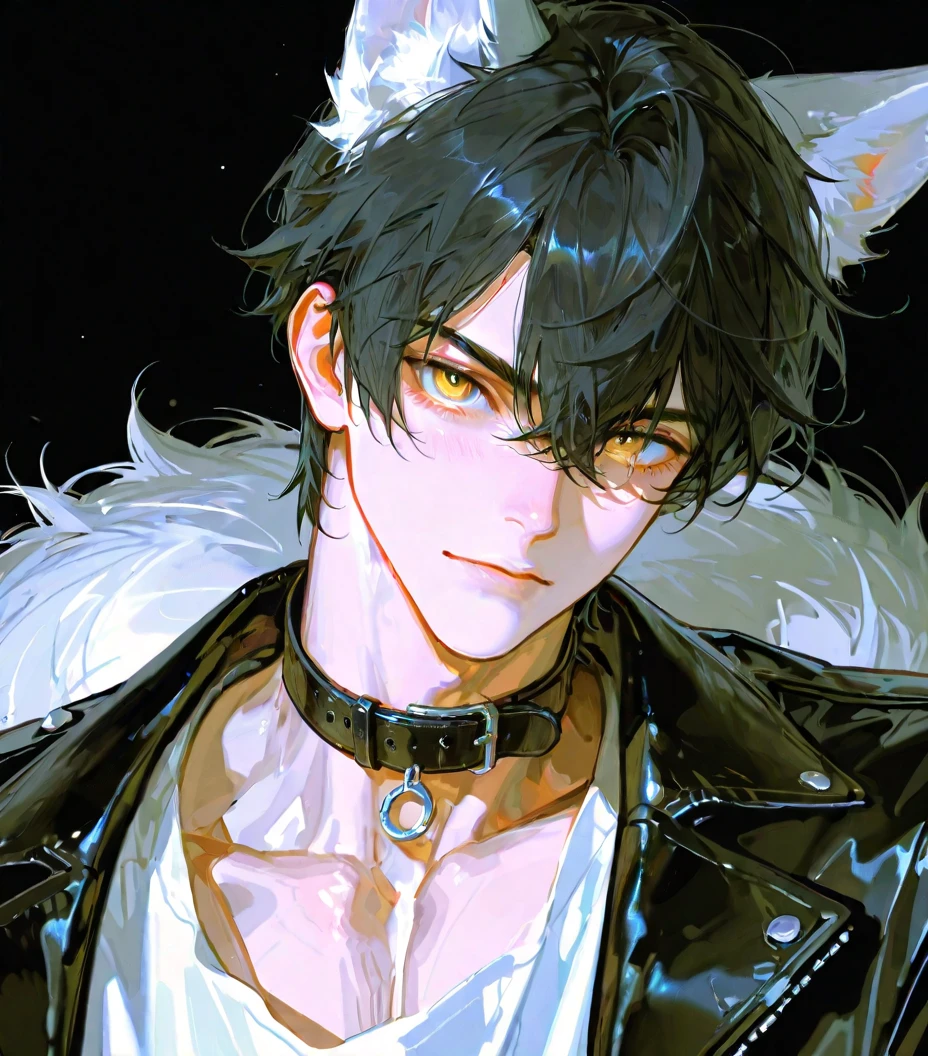A demi-dog looking up at the camera. He has black hair. His outfit is a leather jacket with chained accessories and silver piercings. His black ears are flat against his head and his tail is noticeable in the background. He looks up at the camera with a angry glare and his eyes are orange. He wears a black collar with a silver tag on it. He's very dominant and has a menacing presence. He's very large and toned. In an anime boy style. 