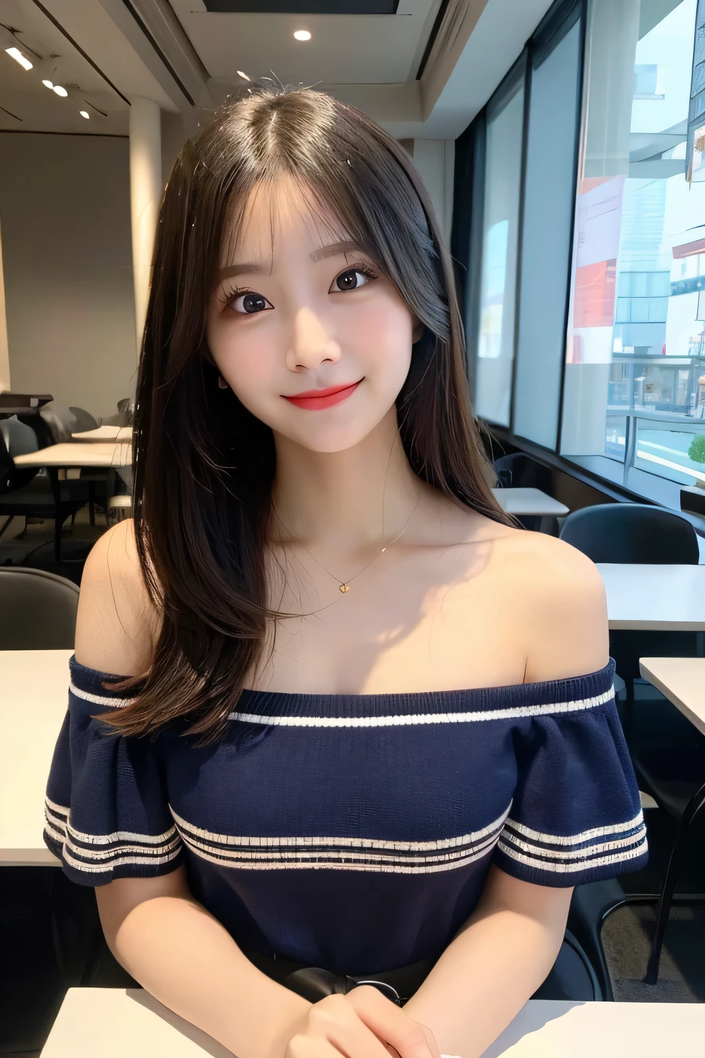 table top, highest quality, shape, Super detailed, finely, High resolution, 8k wallpaper, 完璧なダイナミックな構shape, finelyて美しい目, off shoulder knit ladies'S fashion,wavy hair,、natural color lip, bold sexy pose,smile,Harajuku、20 year old girl、cute、sexy shot looking at camera,Ultra-realistic raw photos