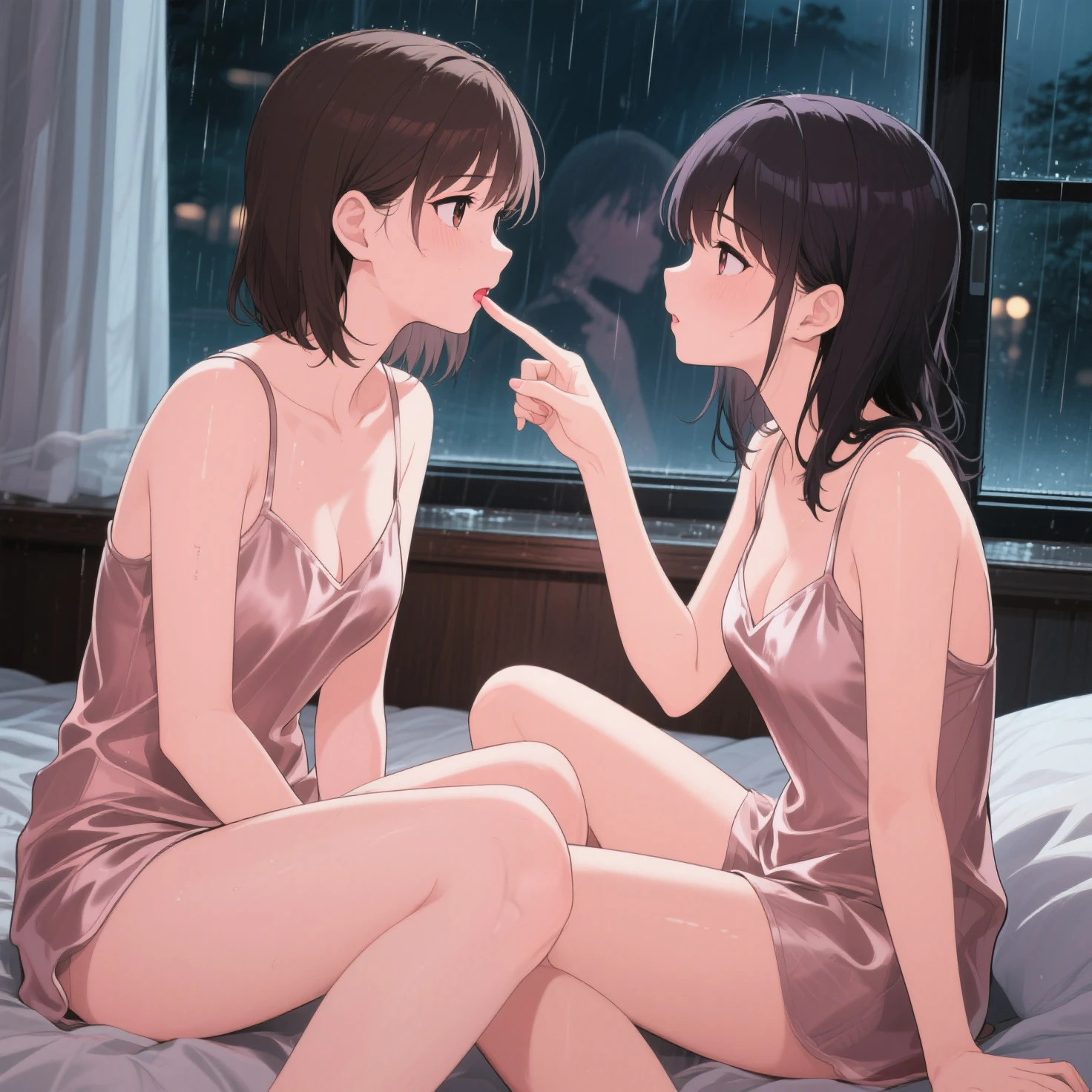 real photograph:1.4, (Top image quality, 8k, ​masterpiece), top-quality, 超A high resolution,2 Japan Girls,ld, pretty face, multicolored lace bra, kawaii faces, Melancholy look, double eyelid、White breasts: 1.4、long hair and Bob hair、night modern room、window, rain, Twinkling starry sky and big moon, Movie Lighting, Photorealsitic, real looking skin, NFSW, 35mm, Shot with Leica,