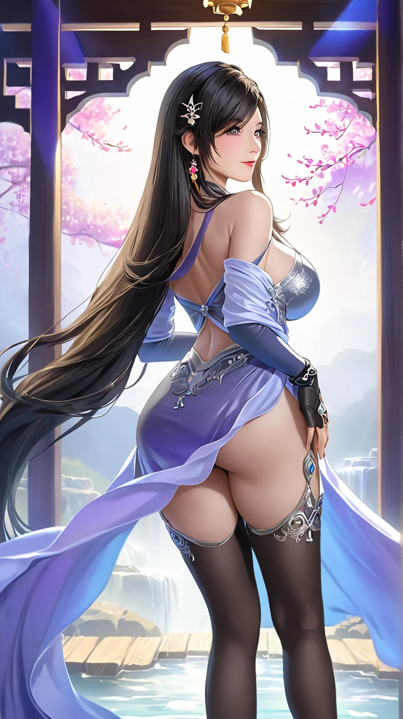 ((masterpiece)), (best quality), (Work), Art Nouveau watercolor painting , moon goddess , big breasts,The nipples are prominently prominent,ultra thin bra,thong,show navel,exposed camel toe,big eyes, long, thick eyelashes, plump lips, dark red eyes, hair long and thick, high ponytail, chubby, flowery_background, Intricate designs and patterns in the style of Alphonse Mucha.from behind
