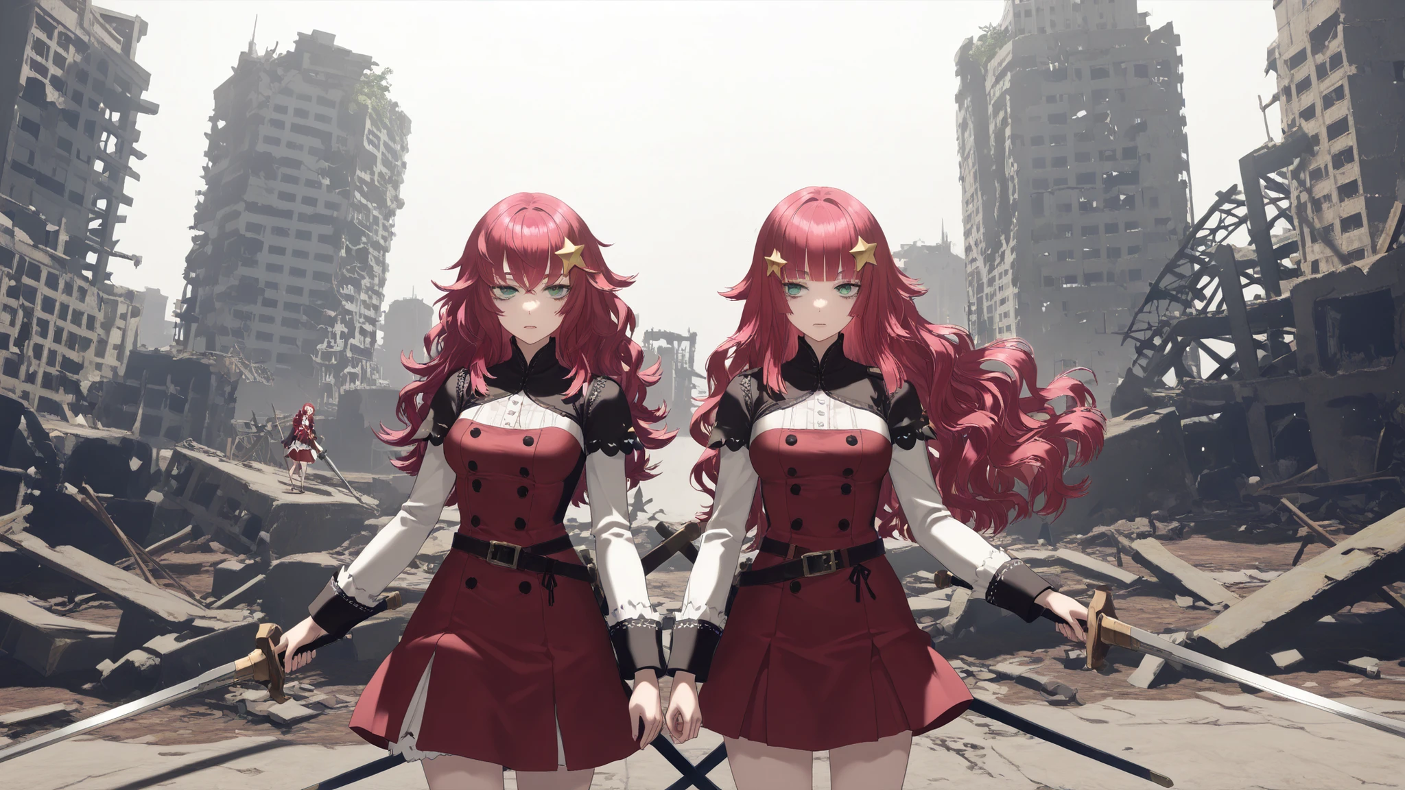 scenery, nierscene, city ruins, 2girls, Devola and Popola, (Popola, red hair, hair ornament, dress, long hair, hair flower, green eyes, belt, bangs), (Devola, wavy hair, red hair, star hair ornament, star (symbol), medium breasts, dress, green eyes, long hair), cowboy shot, standing side by side, action pose, symmetrical poses, holding outstretched swords, facing viewer,