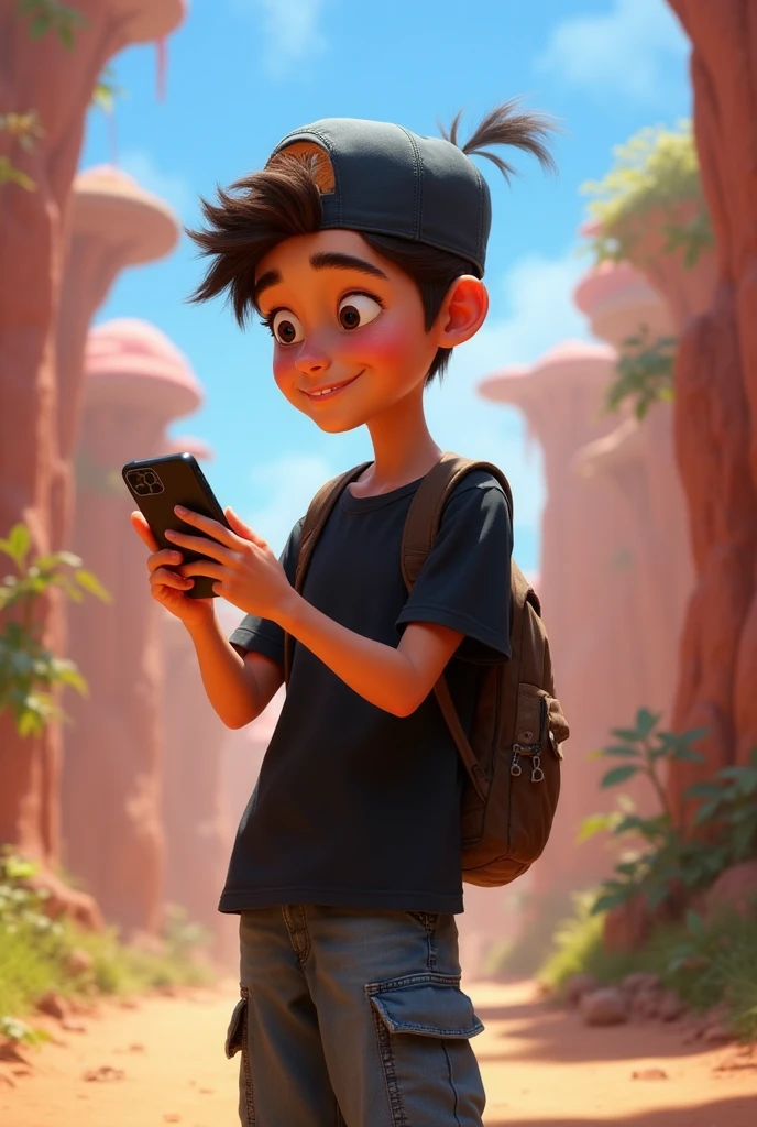 ( male character) from a young boy's animated movie in the Disney Pixar style, high qualiy, best qualityer , beautiful face brown skin, short straight hair , beautiful eyebrow , wears black shirt , wears a backwards cap, is messing with her smartphone, walking down a dirt road in the countryside