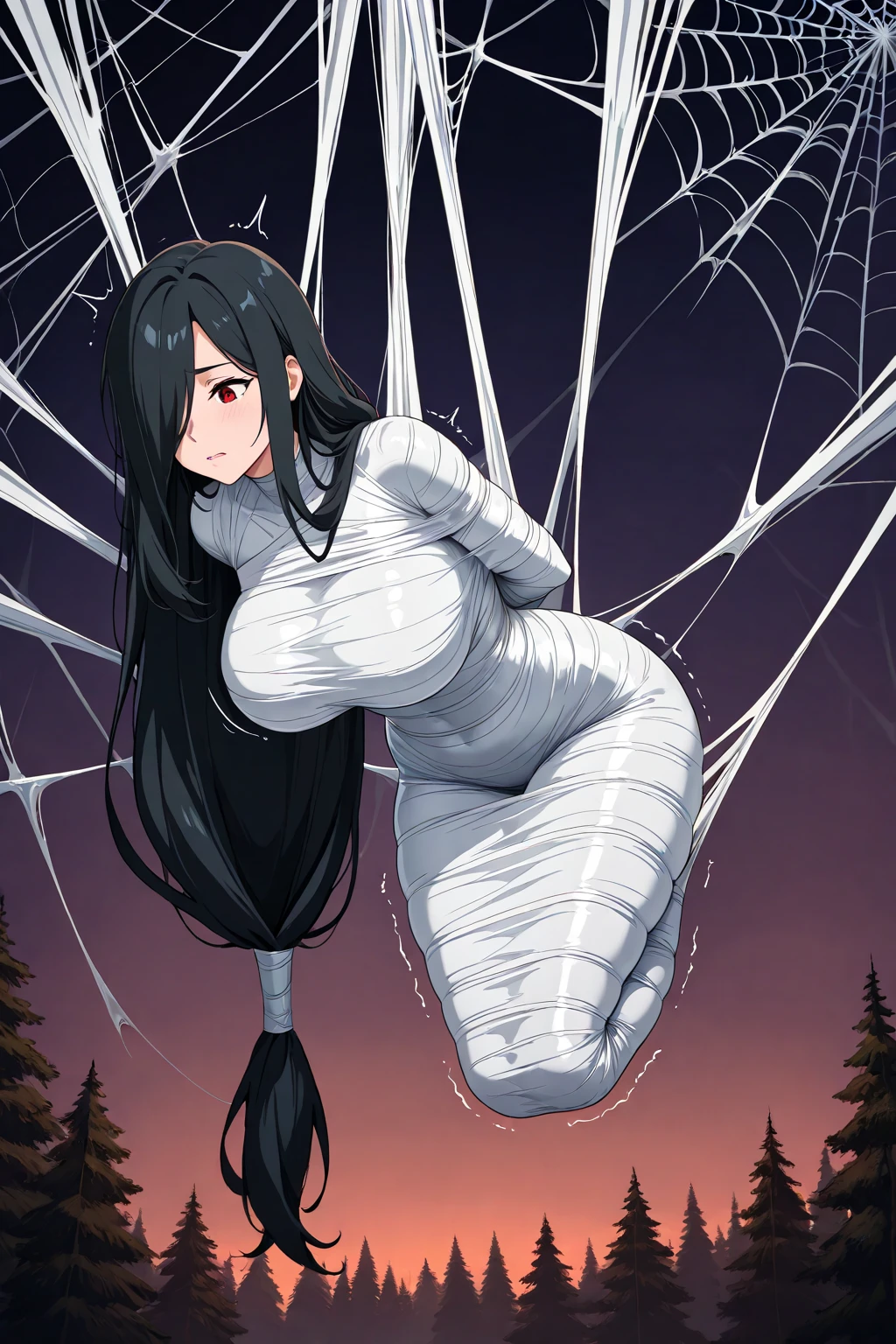 masterpiece, best quality, 1girl, solo, looking at viewer, hinata\(shippuden\), length hair, messy hair,large breasts , breasts out, (arms behind back:1.4), hanging,spiders in the web,long spider, Hinata, desperate,struggle, entangled, embarassed face, despair,cocoon, blushing face, (men touching her), full body