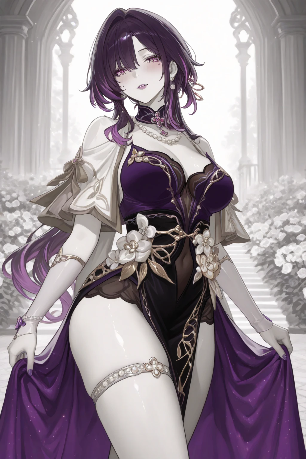 1girl, long hair, purple hair, hair over one eye, solo, purple eyes, cleavage, wavy hair, gloves, ((Lush)), Enchanted Garden, Whimsical, Airy, Floral lace ((A-line gown)), Soft (blush) undertone, High (Victorian) collar, Sheer (puffed sleeves), (Ruffled) layers, (Corseted) waist, Regal, Timeless, Dainty, Pearl-studded (ballet flats), Noble, Queenly, Braided crown updo, Crystal (drop earrings), Rose-tinted lip. <lora:Char_fe-Camilla:0.9>
