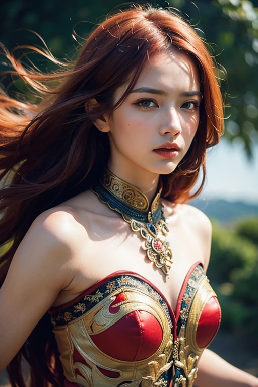 a beautiful red-haired asian girl, detailed face, long very very silky hair, elegant elf dress, large elf ears, dark mysterious forest, no direct sunlight, big tits (best quality,4k,8k,highres,masterpiece:1.2),ultra-detailed,(realistic,photorealistic,photo-realistic:1.37),intricate details,fantasy,cinematic lighting,dramatic atmosphere,vibrant colors,lush vegetation