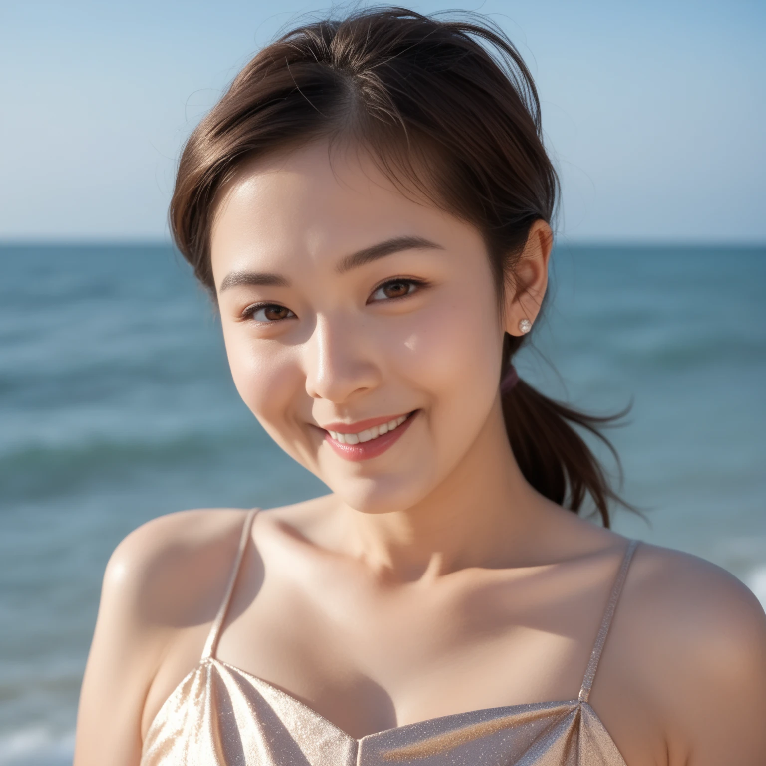 A girl，black color hair，short detailed hair，High ponytail，Big bright eyes，large ear，The nose is high，lipsticks，prette，adolable，Raised sexy，Wearing a white lace bikini，huge tit，On the sandy beach，having fun，perfect bodies，best qualtiy，best illuminate，Highest high resolution，16K，The clearest picture，Intricate detailing，RAW color photo, upon body from head to thigh