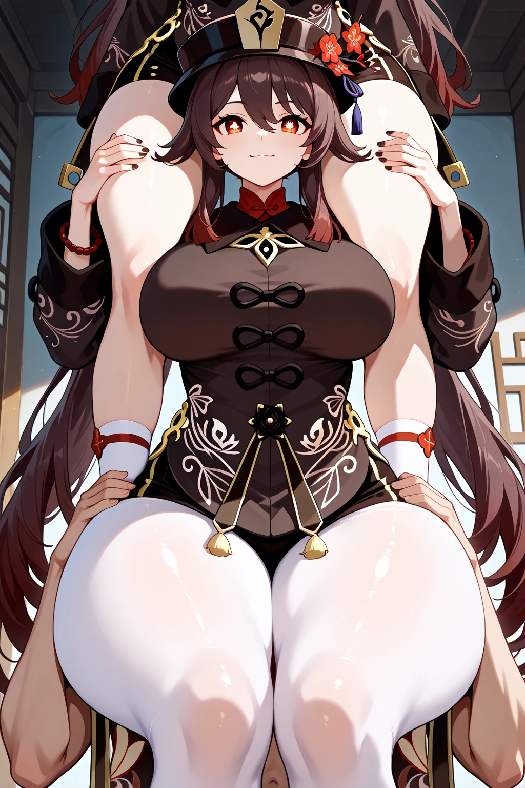 A woman wearing a white female military uniform with gold details, exposed thigh, long maroom stockings, white heels, golden medal, white gloves, big breasts, yellow eyes, very dark black hair, long hair, long neko ears, smiling, walking on a Japanese platform, with views of traditional Japanese houses, full length, anime style, sparkle, drop shadow, bloom, UHD, masterpiece, ccurate, anatomically correct, textured skin, super detail, high quality, best quality, 8k, highres, (solo woman) octopus tentacles
