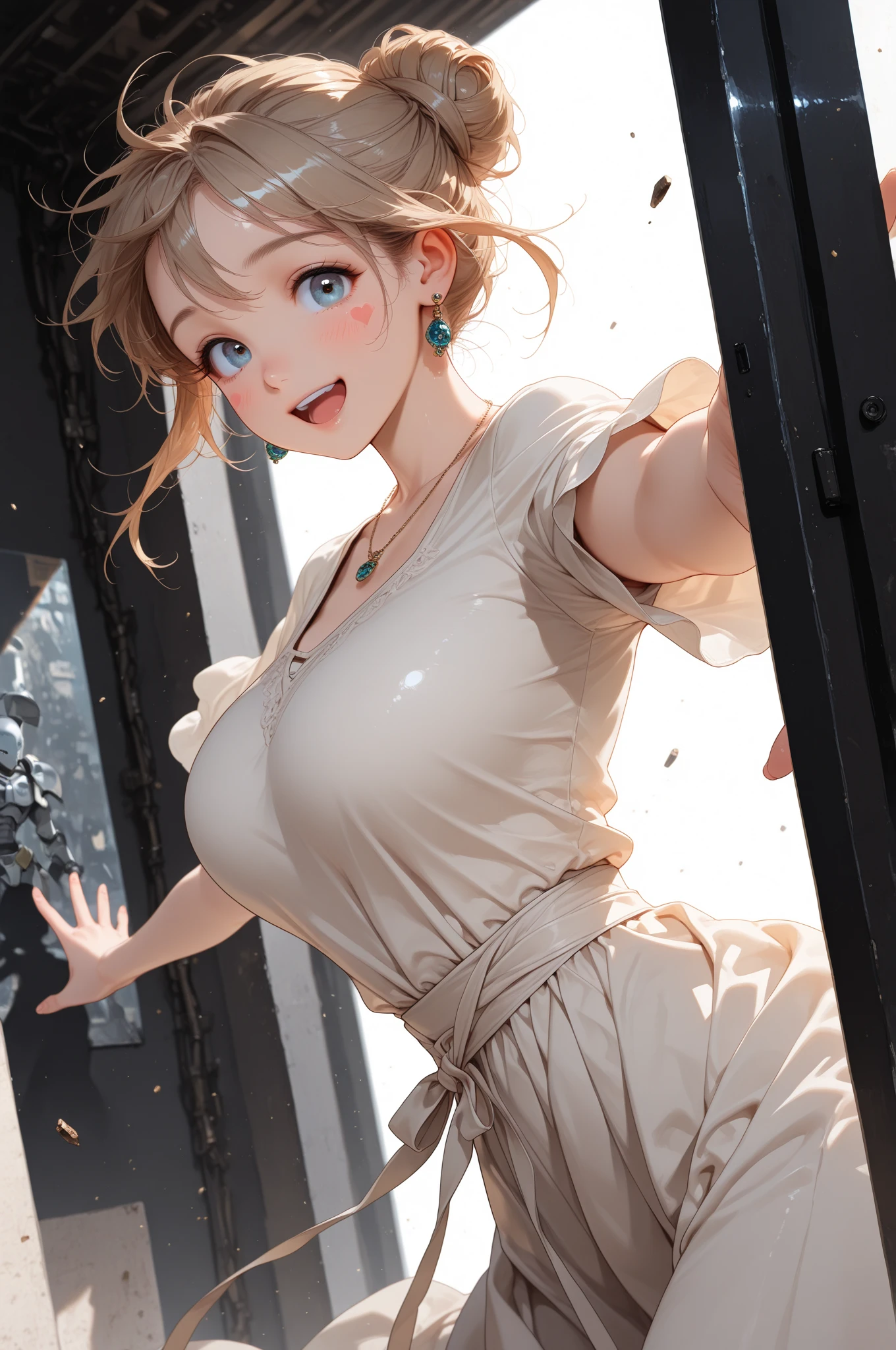 masterpiece,best quality,highres,ultra-detailed,koala \(one piece\),short hair,large breasts,cleavage,<lora:koala_(one_piece):0.7>,(sweater:1.2),(turtleneck:1.2),street,smile,standing,(sleeveless:1.4),arm_behind_head,arms_up,cowboy shot,no pants,