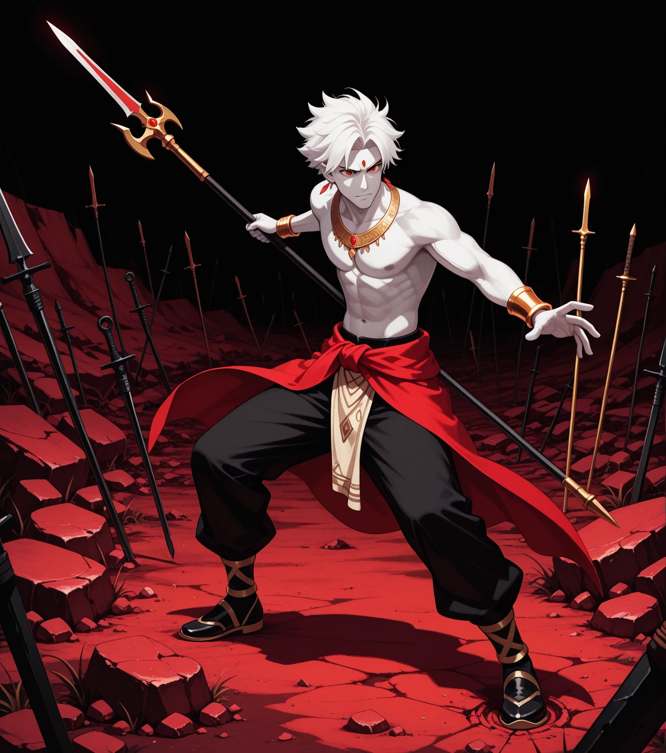 Best quality,The best lines,The best picture,hairy,male, 老虎hairy,Strong body,Black and white hair,Red eyes,tall,Wearing a tattered cloak,Chained hands,No clothes to cover your body,