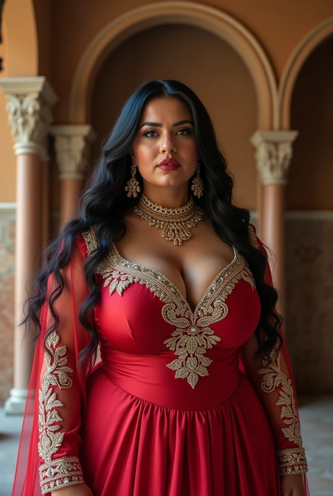 woman, shoulder-length straight black hair, medium bust, plump, dressed as a gypsy, looking at the camera, photorealistic