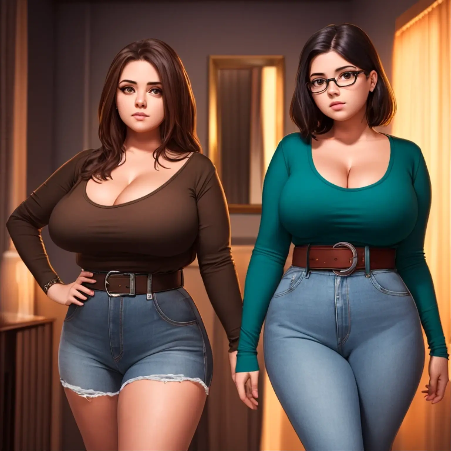 Aubrey Plaza, two girls, sisters, in home library, tall bookshelves in background, studio lighting, wearing black tube top, wearing blue Jean hot pants, choker collar, fishnet stockings, lots of cleavage, tight outfit, big breasts, chubby belly, belly spilling over pants,