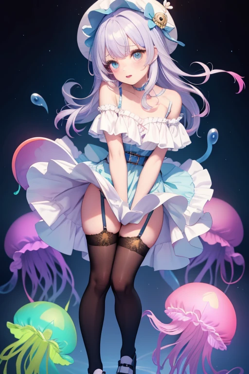 BREAK Perfect ???????、(High resolution:1.2)、Incredible illustrations、(Cute illustrations:1.2)、(nsfw)（Beautiful background） Alice in Wonderland(a girl,  1.5meters, 40kg,bionde,blue eyes,Shiny straight super long)(country one piece dress,apron dress,head ribbon,sexy lingerie,garter stockings),(half undressed,glands:1.4)(tentacle)Full body view