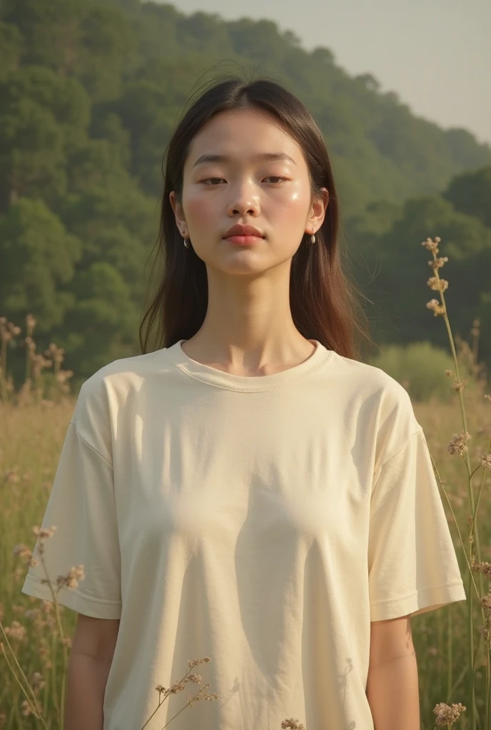One of , white ethnicity, in a pine forest, 精致的面容, and wearing a beige t-shirt, medium breasts, look of devotion and submissive.