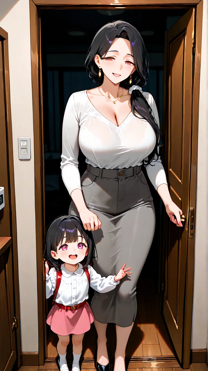 a woman in red dress holding her daughter's hand in a modern house
