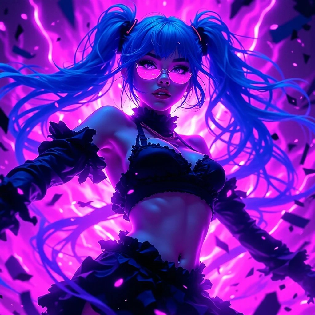 Jynx, arcane, glowing eyes, live colors, sexy pose, close, perfect body, perfect girl, dark, sexy face, butty, oppai, ultra HD, high resolution, 8k, 4k, 2k, perfect hands, perfect arms, perfect anatomy.