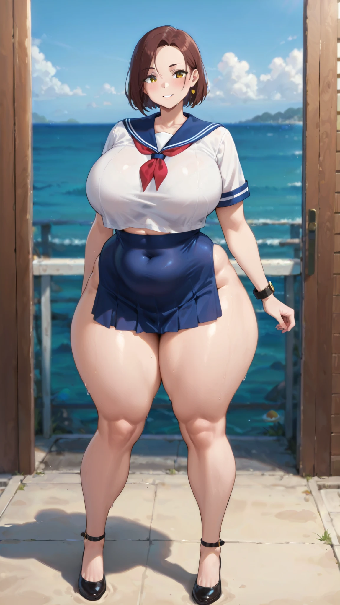 A girl wearing bloomers((From below)),Brown Hair,Light brown eyes,Blushed,pigtails,BIG Boned,On the ground,steam,vapor,Big Ass,Thick legs,Thick arms,Wide pelvis,thick calf,tall,Sweat,Being outside,weather((Clear skies)),Tight gym clothes,Squat((From below映す)),wide hips,Puffy nipples,Accentuated body lines