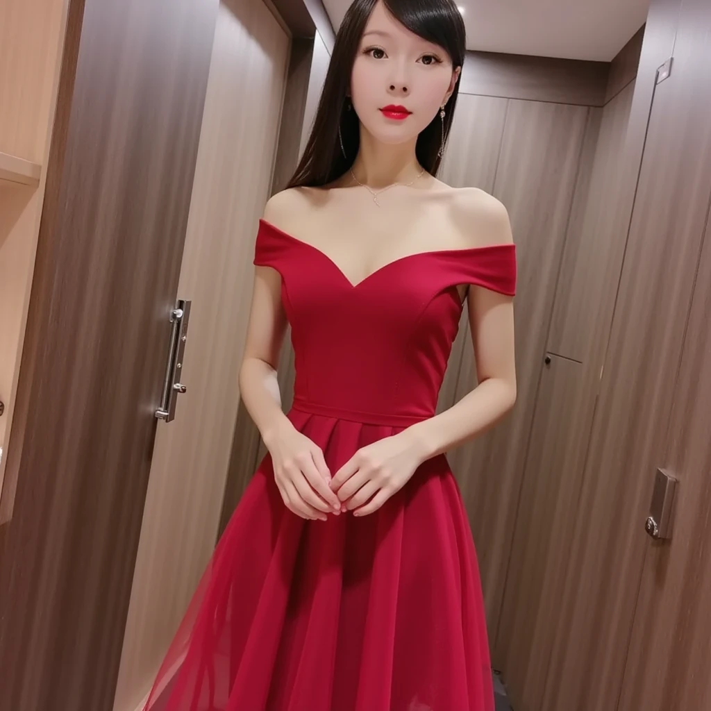 a young woman in a black tight hot stripe, off-the-shoulder, red painted nails, cleavage, smile, detailed breasts, perfect skin, beautiful eyes, long eyelashes, flawless makeup, bangs hairstyle, photorealistic, 8k, highly detailed, studio lighting, fashion photography, at wedding