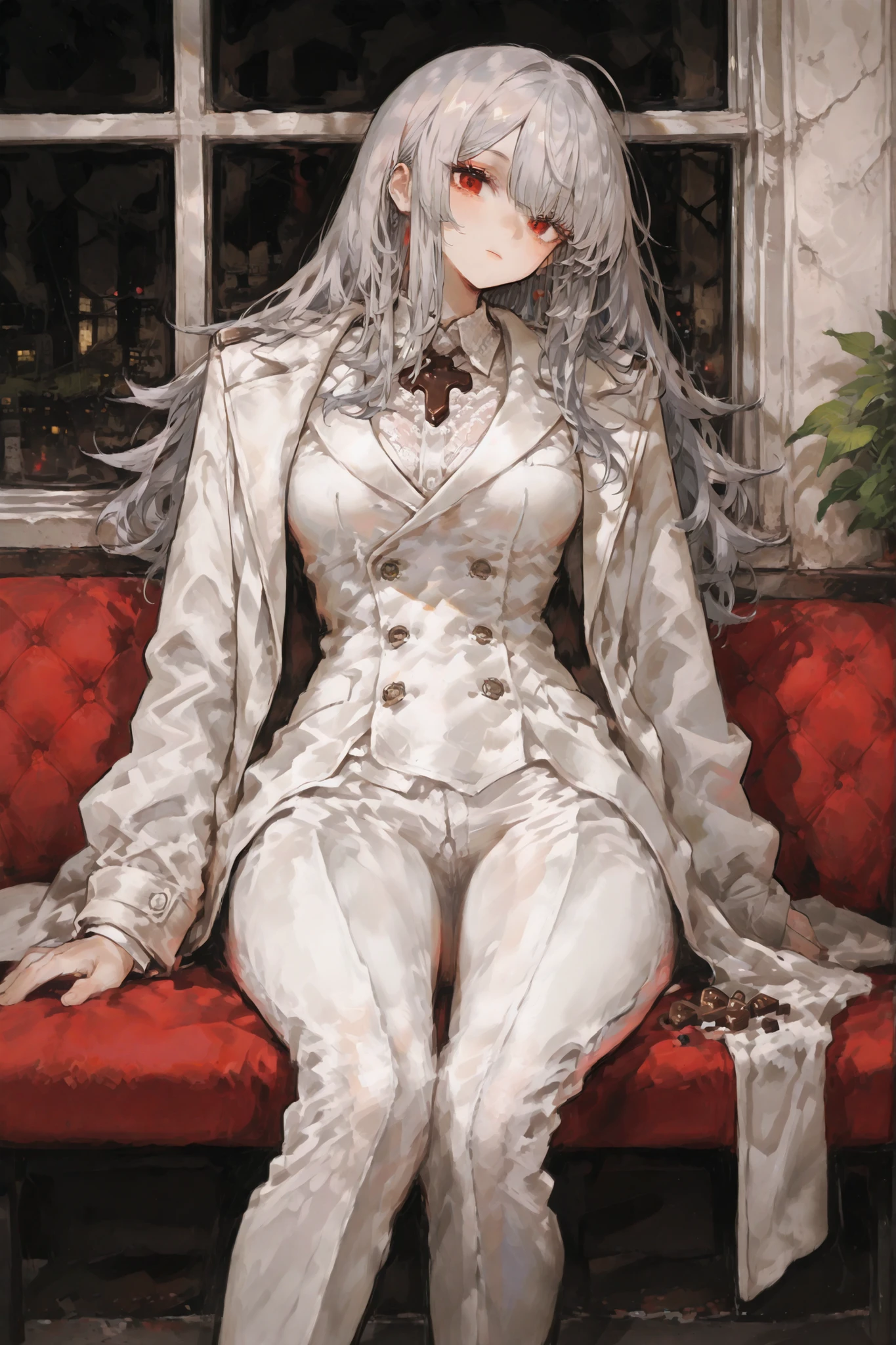 X3m, girl with gray hair, beautiful , darine , charming, in a beautiful white suit that accentuates my waist and style、wearing a chocolate colored coat, I'm sitting by the window looking at the street, masterpiece,