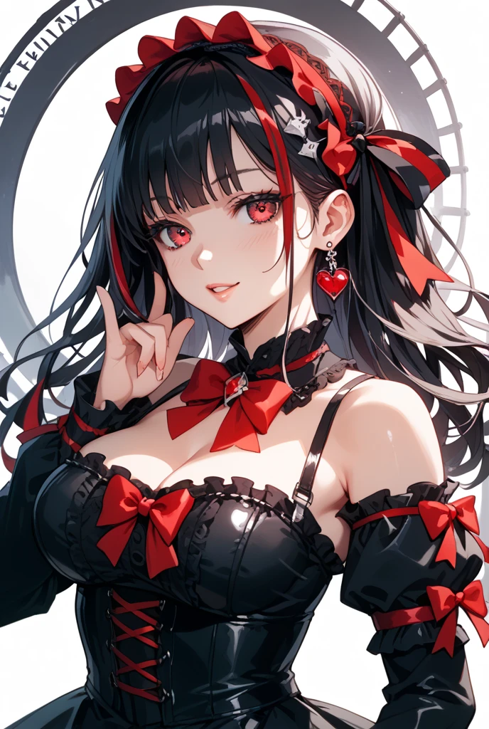 1 girl、Wolf ears,Black long hair, Charming red eyes, Radiant Skin,red lips,White lace maid outfit,Maid headdress,Slim,Large Breasts,Facial details are very detailed, handcuffs,collar,Dining room,