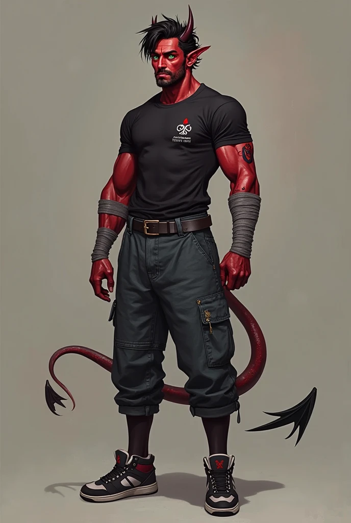 make a demon man with just black pants and a tail similar to a scorpion in RPG style