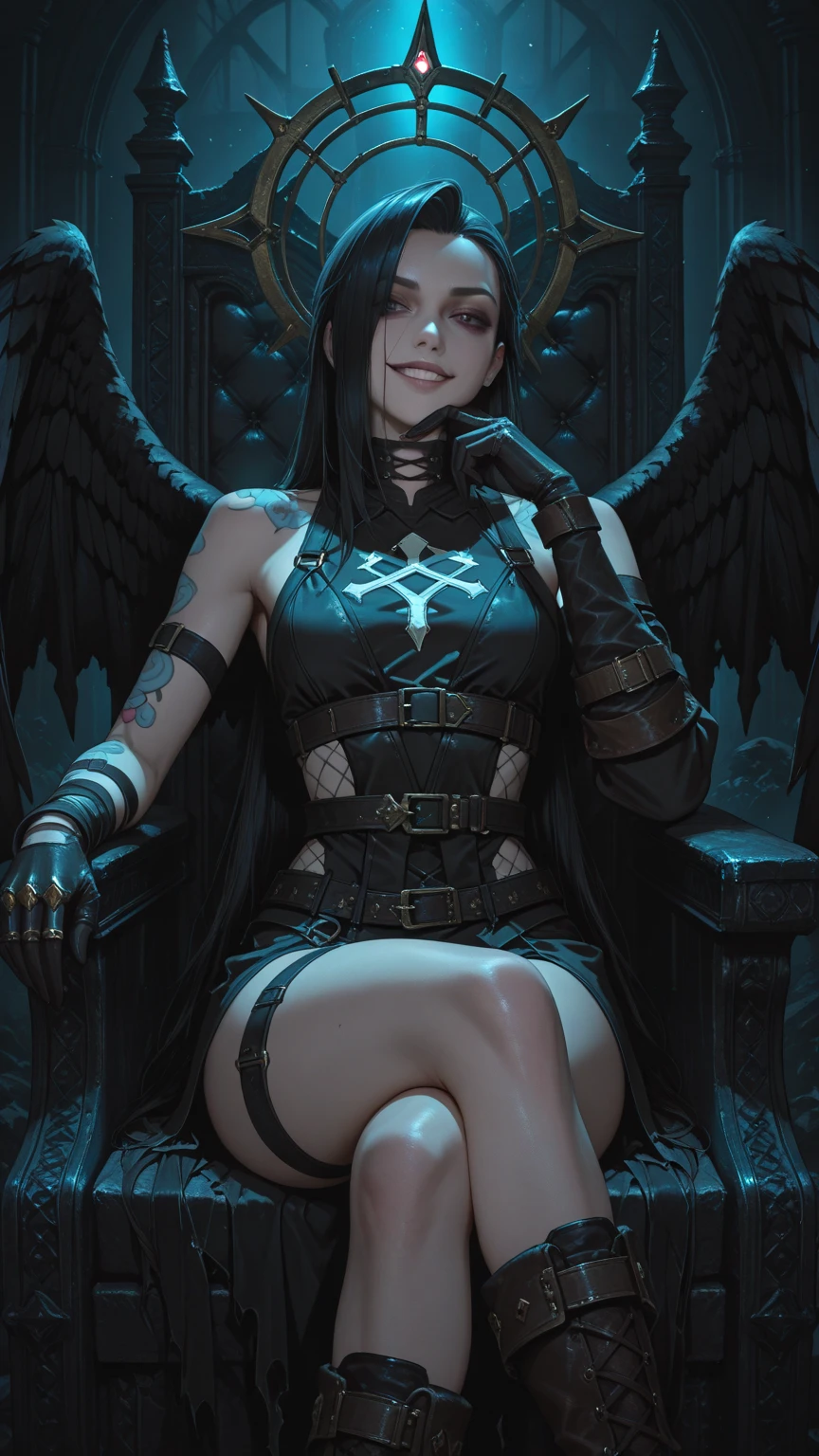 8K raw photo, Best quality, masterpiece, ultra high res,colorful,(photorealistic:1.4),raw photo, neonlight\(ttp\),1girl,solo,(perfect body shape),evil and beautiful, playful, smile, red eyes, (blood), dynamic angle, lying on throne, mystical, fanatic, intricate, surreal, delicate, wearing armored gothic dress,cinematic lighting, perfect face