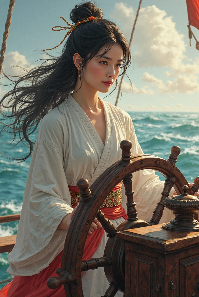A beautiful geisha, hot, horny, sexy, with flowing black hair, wearing a bun on her head, with full lips, beautiful eyes, very full breasts, silky skin, wearing a low-cut stylized kimono, standing on the prow of a wooden ship with sails (white sails) raised on the high seas, with scattered clouds and birds in the background of a sunset on the horizon, a hyperrealistic elegant sailor geisha, pirate geisha, geisha queen of the high seas, goddess of piracy and sensuality, pirate captain geisha, a beautiful photorealistic oriental woman, a beautiful sailor in a landscape of intricate details.