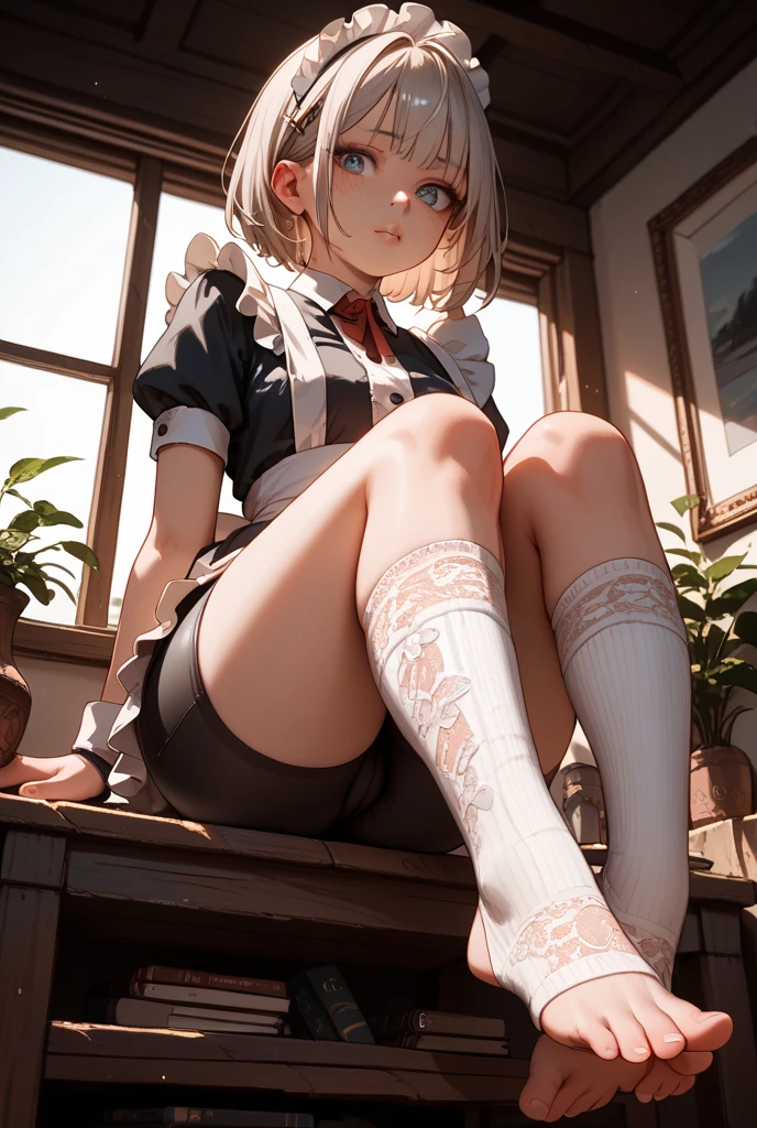girl, white blouse, short skirt, knee socks.