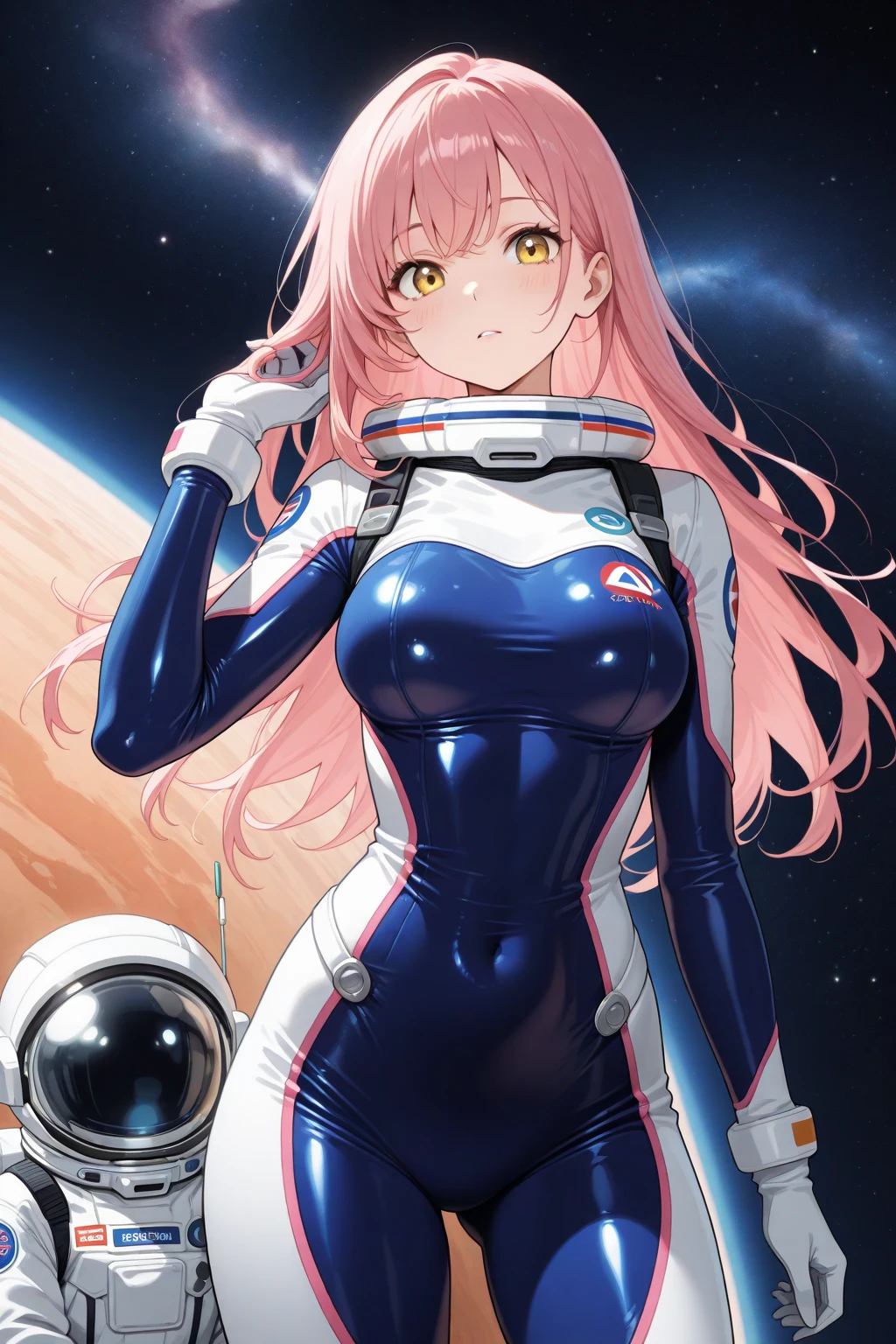 masterpiece, best quality, 1girl, solo, dschloe, pink hair, side ponytail, yellow eyes, dark-skinned female, spacesuit, gloves, space, stars, planets, detailed background
<lyco:dschloe_lc_768:1>