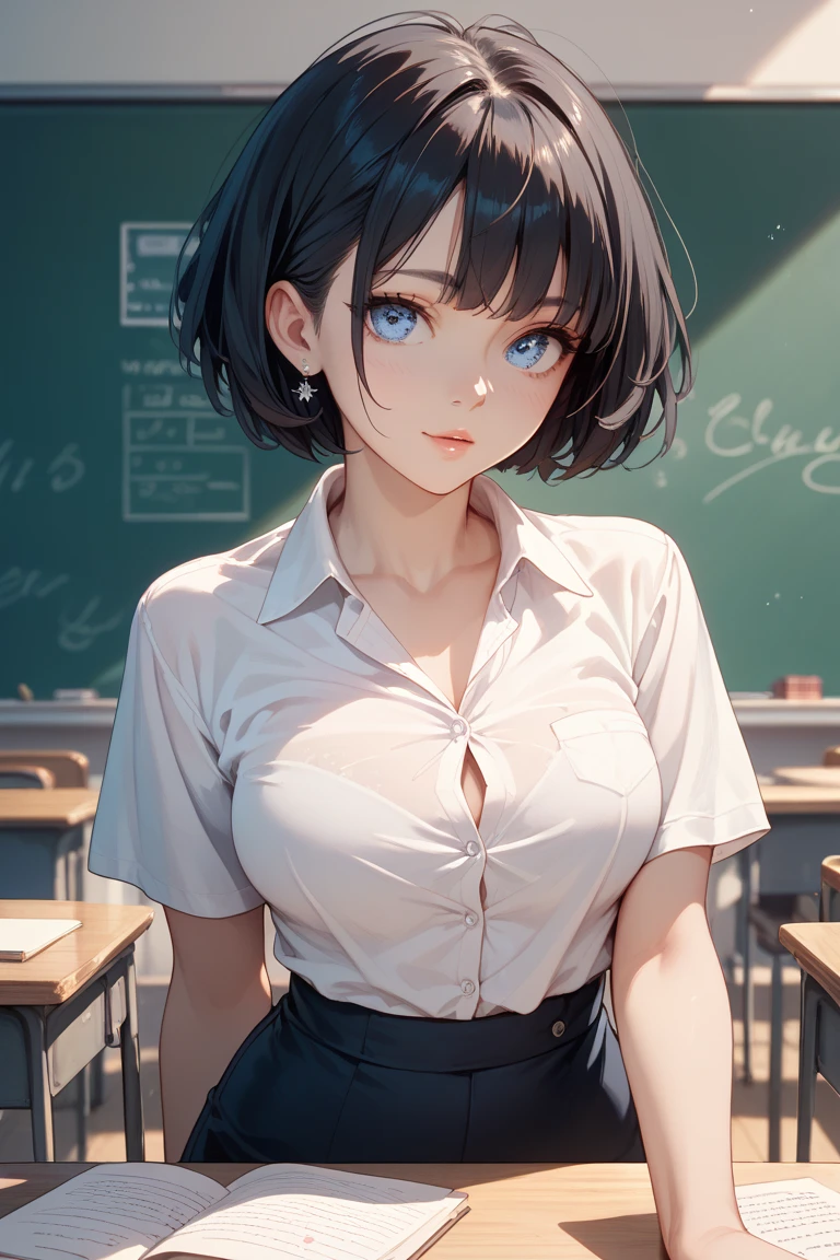 Perfect product、alone、Beauty、very cute、Black Hair, Short Bob Hair、Brown eyes , White hair band、Large Breasts、Silver frame glasses、(shame:1.5)、Grey jacket、White blouse、headphone、Blue pleated skirt、Blue star piercing、necklace、Cowboy Shot、Best Angle、(The background is the classroom:1.3)、During class、Excessive sweating all over the body、Masterpiece、Professional illustrations、Professional work、Professional Lighting、Detailed face、Detailed eyes。(nsfw:1.5)、I'm about to pee、screen