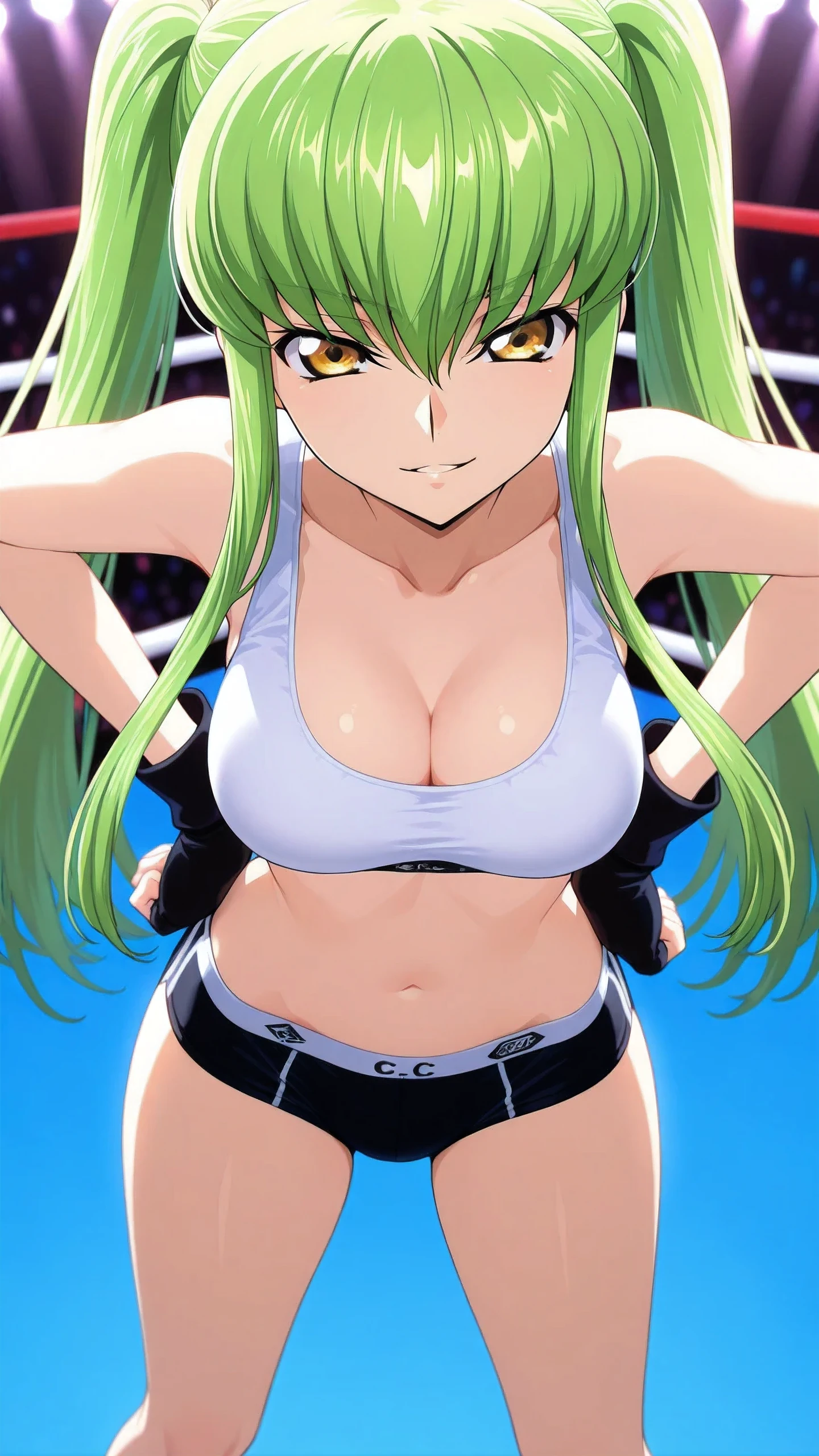 absurdres, highres, ultra detailed, (1 girl:1.2),huge breasts, (dark tan skin:1.4), abs:1.25,unity 8k wallpaper,a woman, fishnet stockings,Dynamism,cinematic shot, intricate details, (dramatic shadows:1.2), (vivid color palette:1.2), body twisting, seductive pose,bright lighting, spread legs,navels,Tank tops, School uniform, mini-skirt, checked skirt, bare chest, well-developed abs,Micro bikini,Pink and yellow-green hair,Vibrancy, rhythmic gymnastics,armpits,  close up, showing her armpitarmpit, abs、crop top and lowrider shorts、Leaning forward、