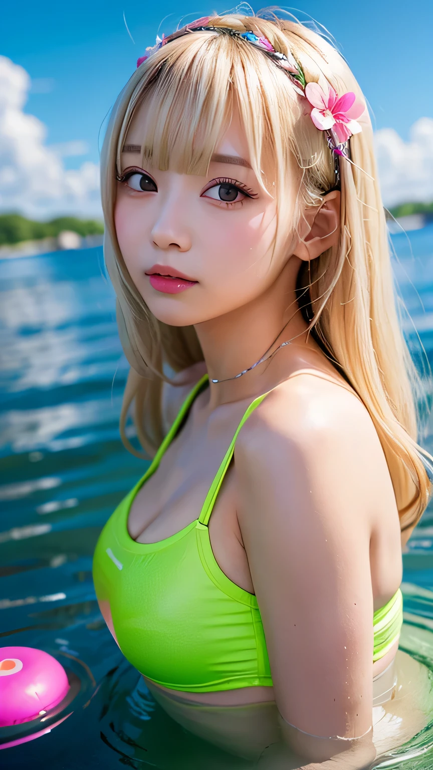 pale blonde teenage girl with bangs soft silky hair blue-green eyes taking photo in the sea on the beach at night, dusk,, in green bikini, with a shining white necklace and a hand in her hair giving a close-up and good quality