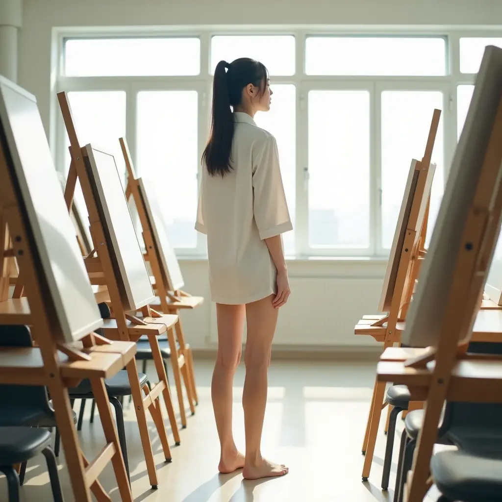 Softbox lighting illuminates the serene atmosphere of an art class, where students attentively sketch a stunning Japanese woman, mid-twenties, in a pose that showcases her flawless physique. She sits comfortably on a wooden chair, her legs slightly apart, as if inviting observation. topless. The air is thick with focus and creativity.