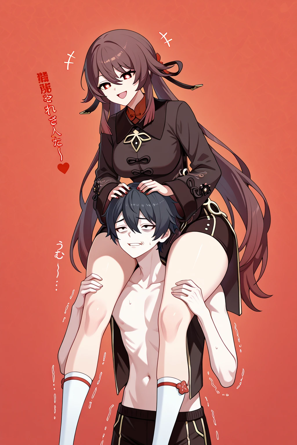 anime hentai ,white man, Bblack hair, Red eye, and white woman, red hair, Red eye longo , and black halo, having anal sex